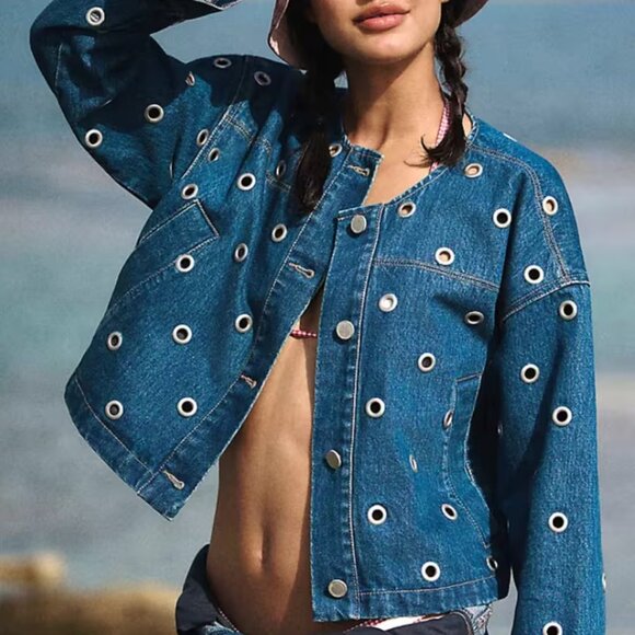 Jackets & Blazers - Grommet Eyelet Hollow Out Medium Blue Denim Jacket Size L